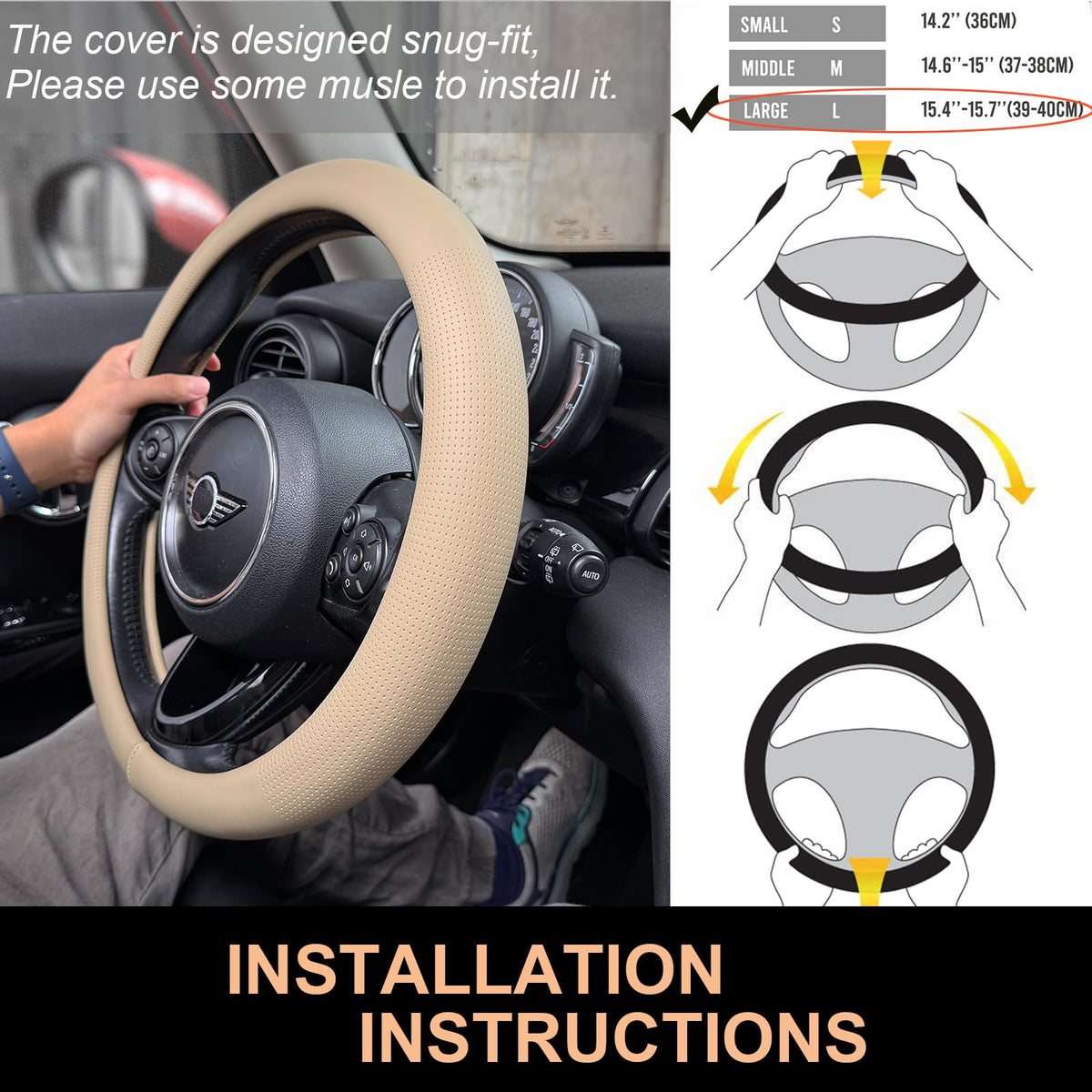 Large Size Nappa Leather Steering Wheel Cover 15.75In (07.Light Taupe / Large Size[15 1/2''-15 3/4''])