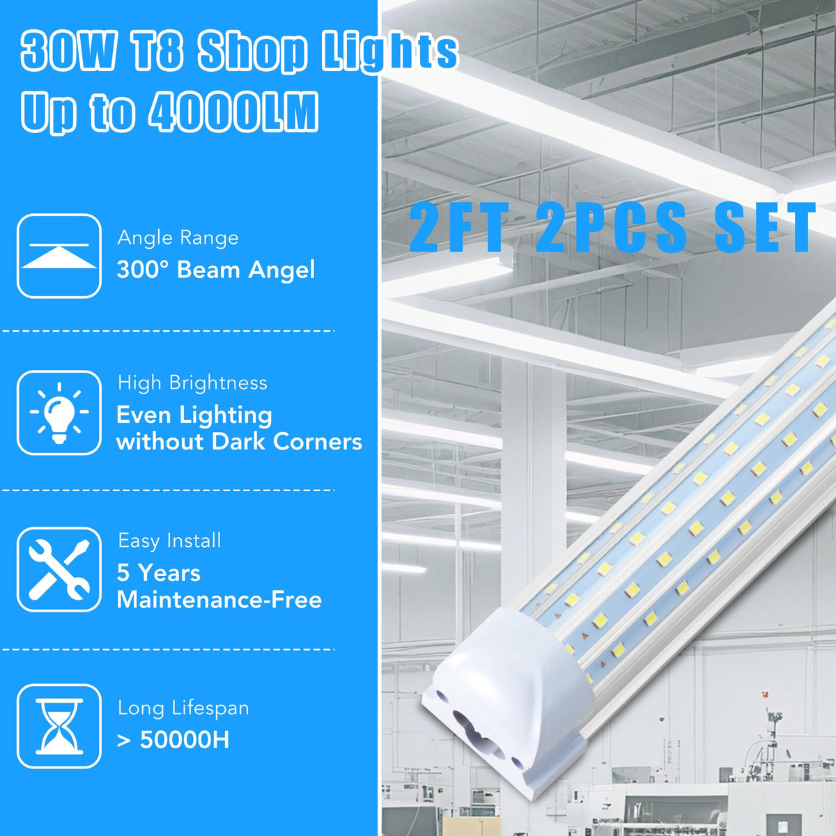 2FT LED Shop Lights T8 Garage Light (2FT-2PCS)