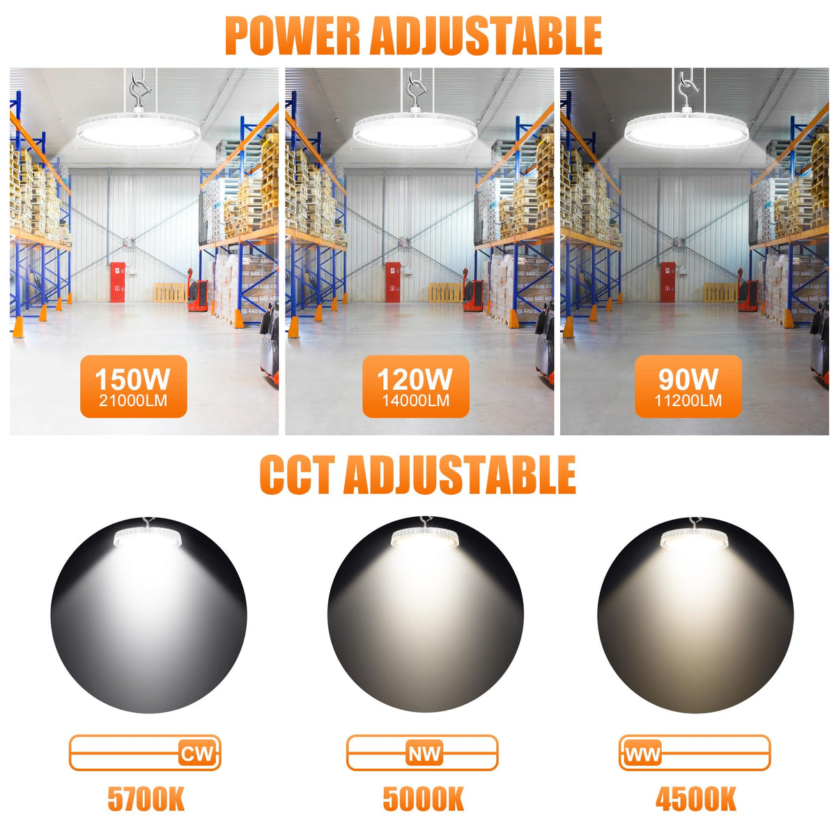 10 Pack LED High Bay Light 150W 120W 90W Adjustable (White)