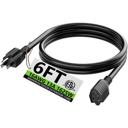 Indoor Outdoor Black Extension Cord 6 FT Waterproof 16 (6 FT / 16/3 Gauge / Black)