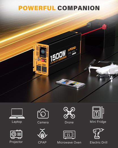 1500W Pure Sine Wave Power Inverter 12V DC to 110V 120V AC Converter with 2 AC Outlets (1500w-12v)