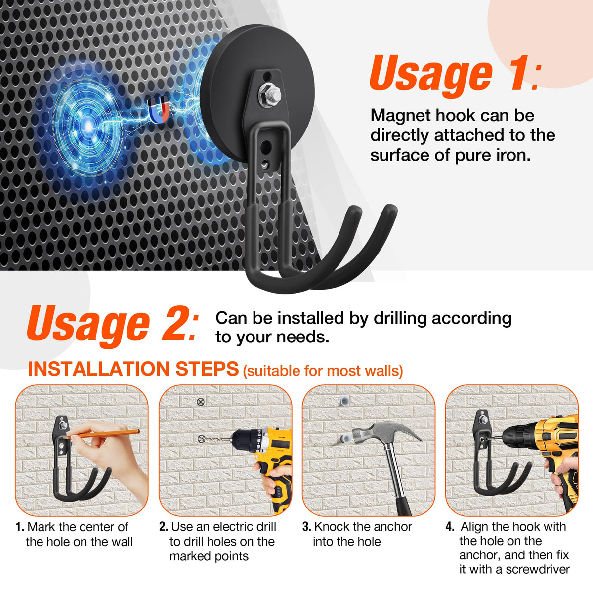 2 Pack Large Strong Magnetic Hooks for Hanging Heavy Duty (3.5" Magnet-2 Pack Larger J Hooks-Black)