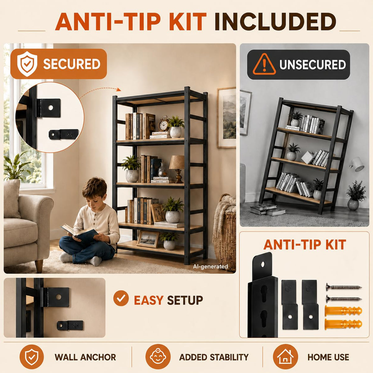 Metal Book Shelf (63"H×27.5"W×11.8"D-MDF)