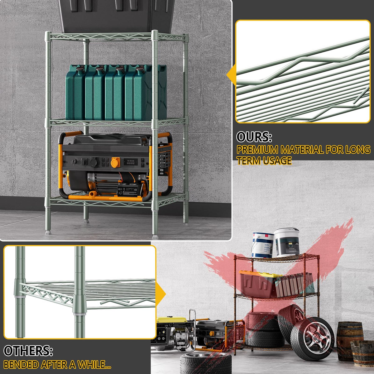 750 lbs 3 Shelf Storage Shelves Wire Shelving Unit Standing Metal Rack for Small Places Narrow Wire Rack for Bathroom (3 Tier, 13.8" D x 13.8" W x 25.5" H / Green)