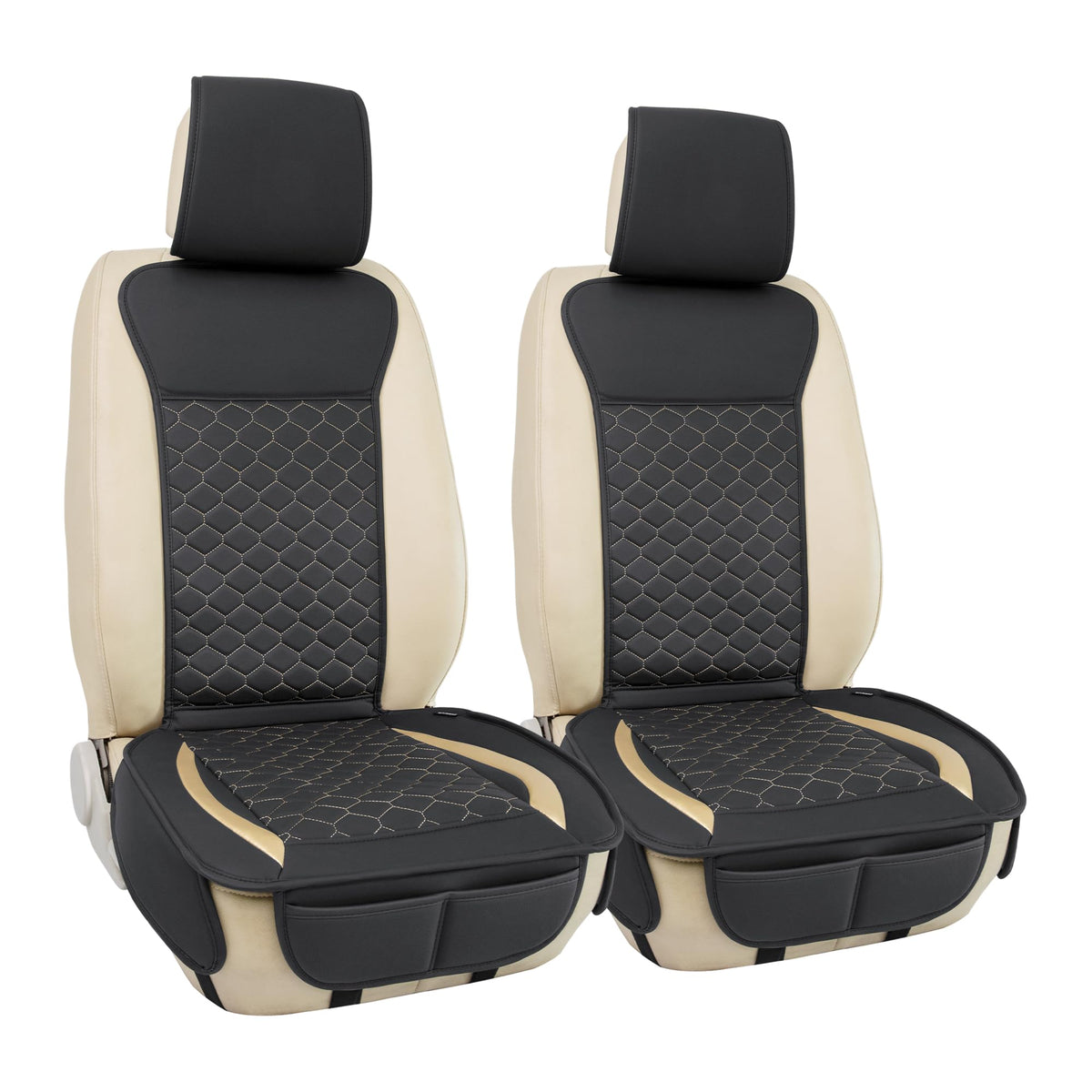 Leather Car Seat Covers Front 2PC Black Gold Luxury Waterproof (Black/Glod)
