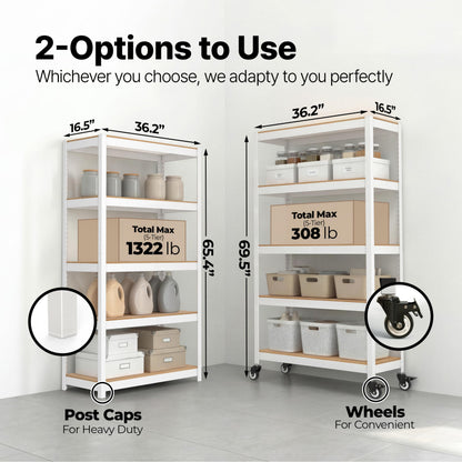 House White 36.2" W 5 Tier Rolling Storage Shelves Metal Cart (White / (Wheels) 36.2"W x 16.5"D)