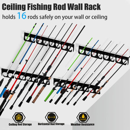 Wall or Ceiling Fishing Rod Storage Rack Vertical Horizontal Holder with 16 Capacity Fishing Rods Reels Mounted Roof Carrier Hooks Hanger for Garage Cabin and Basement Gear Accessories (Store 16 Rods)