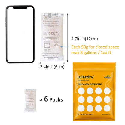 Rechargeable Silica Gel Sachets 50g [6 Packs] Food Grade Silica Gel Packets Orange to Green Indicating Desiccant Sachets Fast Reactivate Desiccant Bags for Food Medication Books (50 Gram)