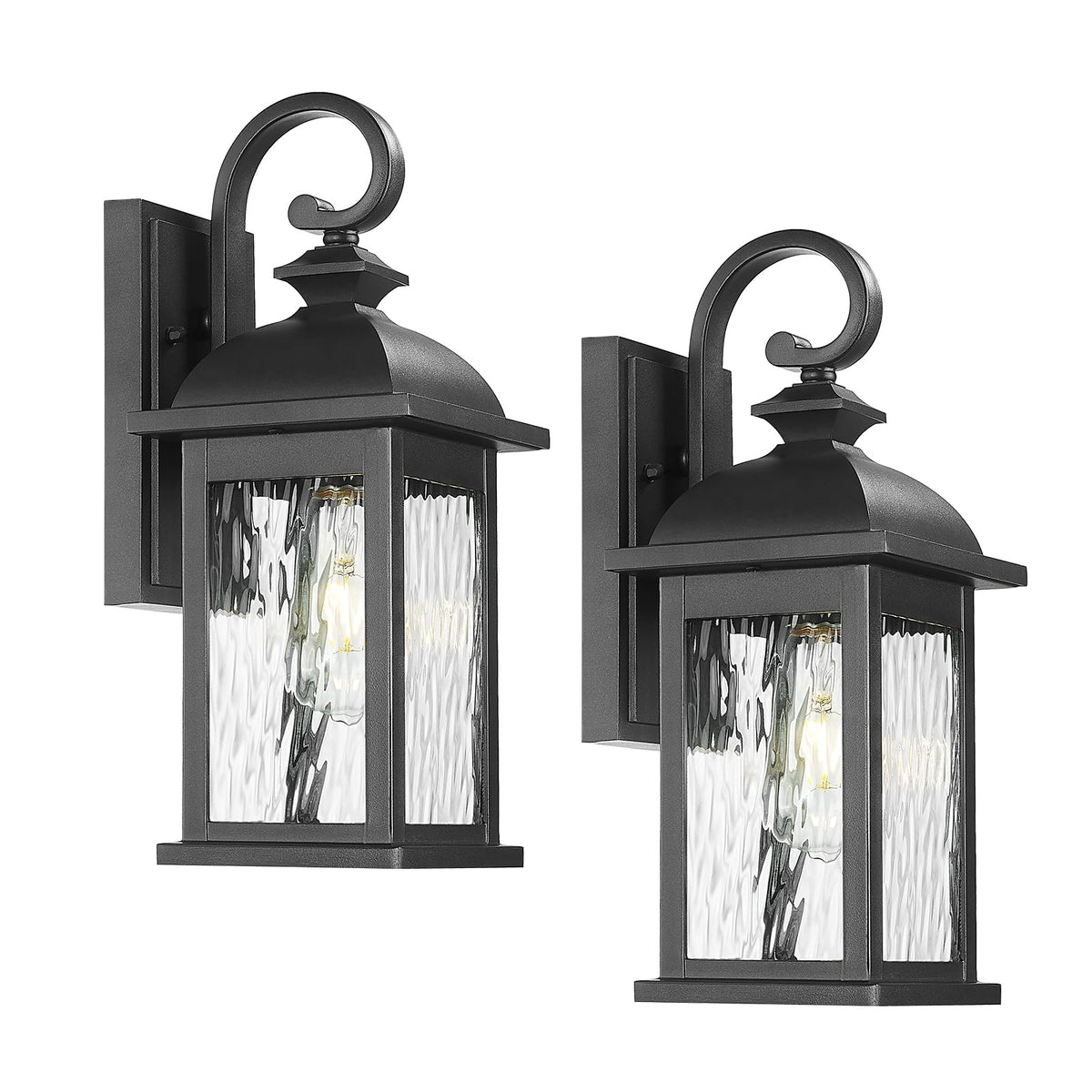 2 Packs Outdoor Waterproof Wall Lights Fixture (Matte Black, Water Ripple Glass / 15", 2 Pack)