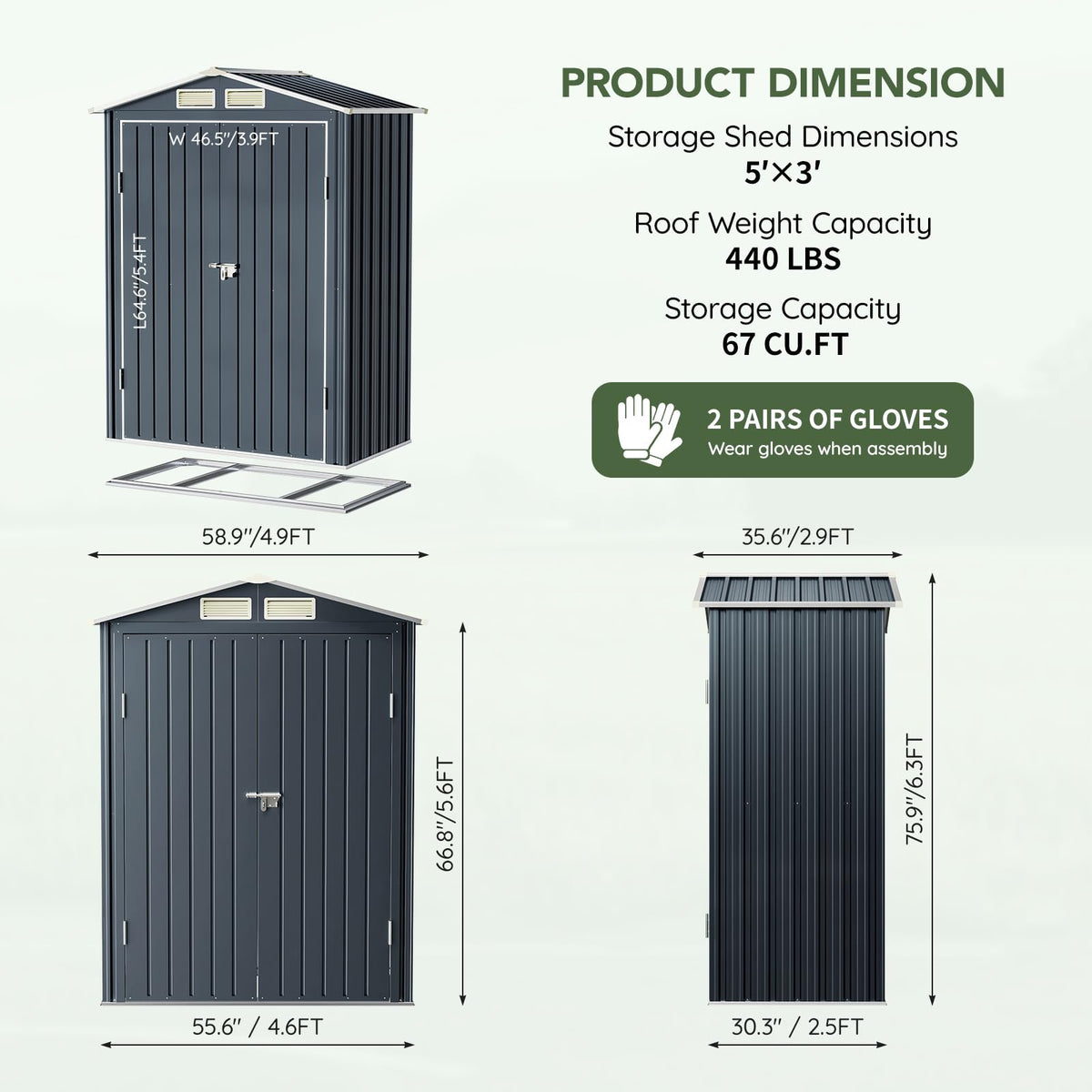 5 x 3 FT Storage Shed with Floor Frame for Backyard (NightBlue / 3X5FT/base)