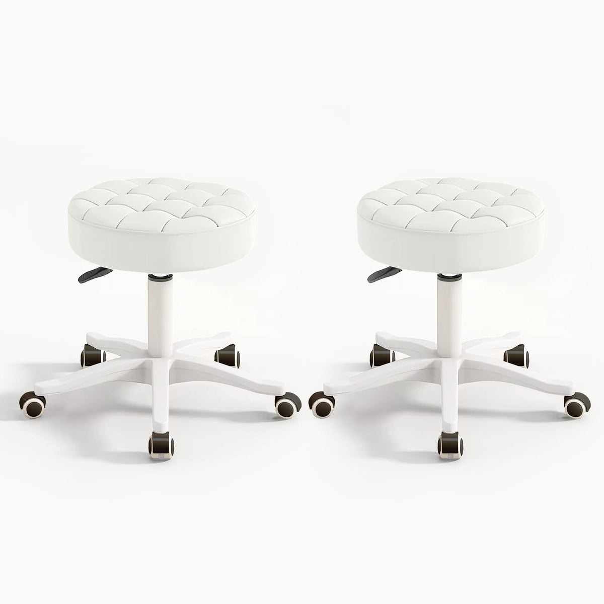 Small Chair Round Rolling Stool with Wheels PU Leather Height Adjustable Swivel Drafting Work SPA Salon Stools Home Office Chair (White / Pack of 2)