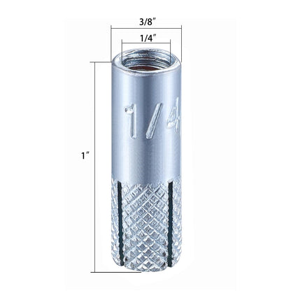 100 pcs) 1/4"-20 Premium Zinc Plated Carbon Steel Drop in Anchors Assortment, Knurled Drop-in-Anchor for Solid Concrete, Internal Forced Expansion Screw Bolts (1/4"-20 / Zinc)