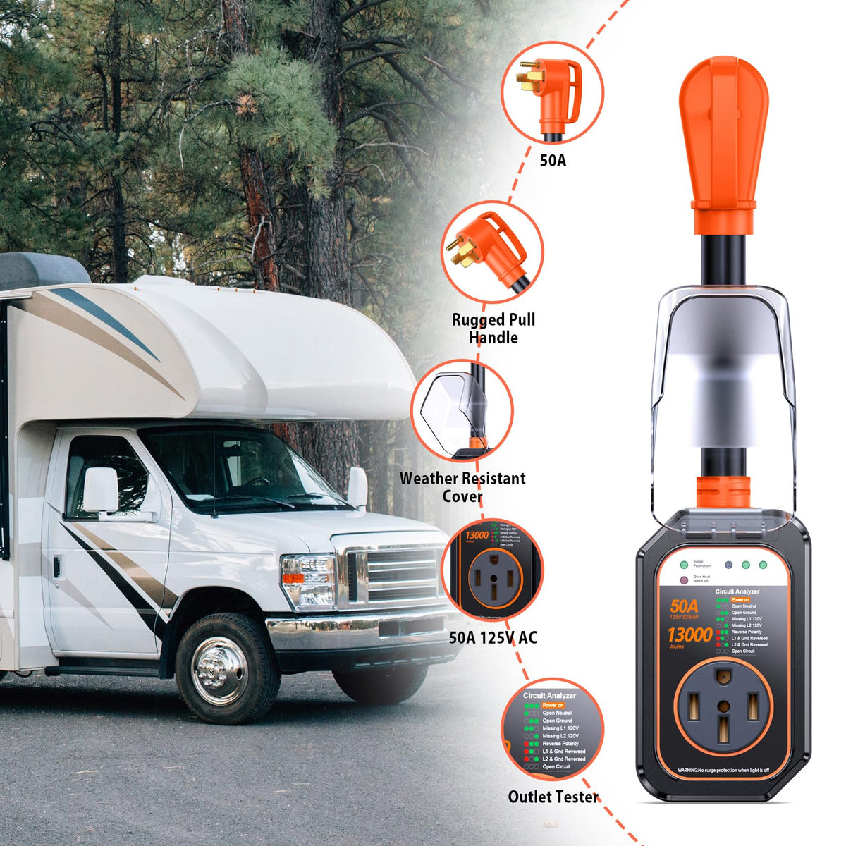 RV Surge Protectors 50 Amp Waterproof (Orange-Balck-50amp)