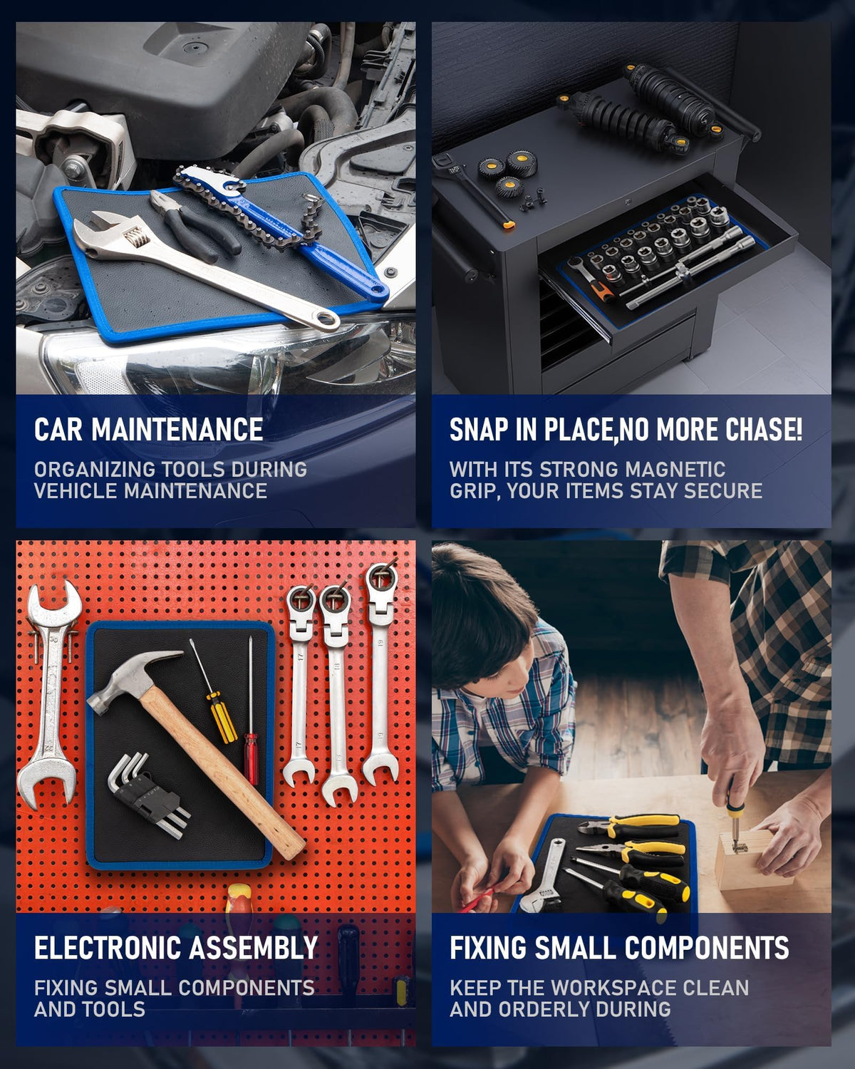 Magnetic Tool Mat Set (4 Magnetic Pads & Pickup Tools & Inspection Mirror)