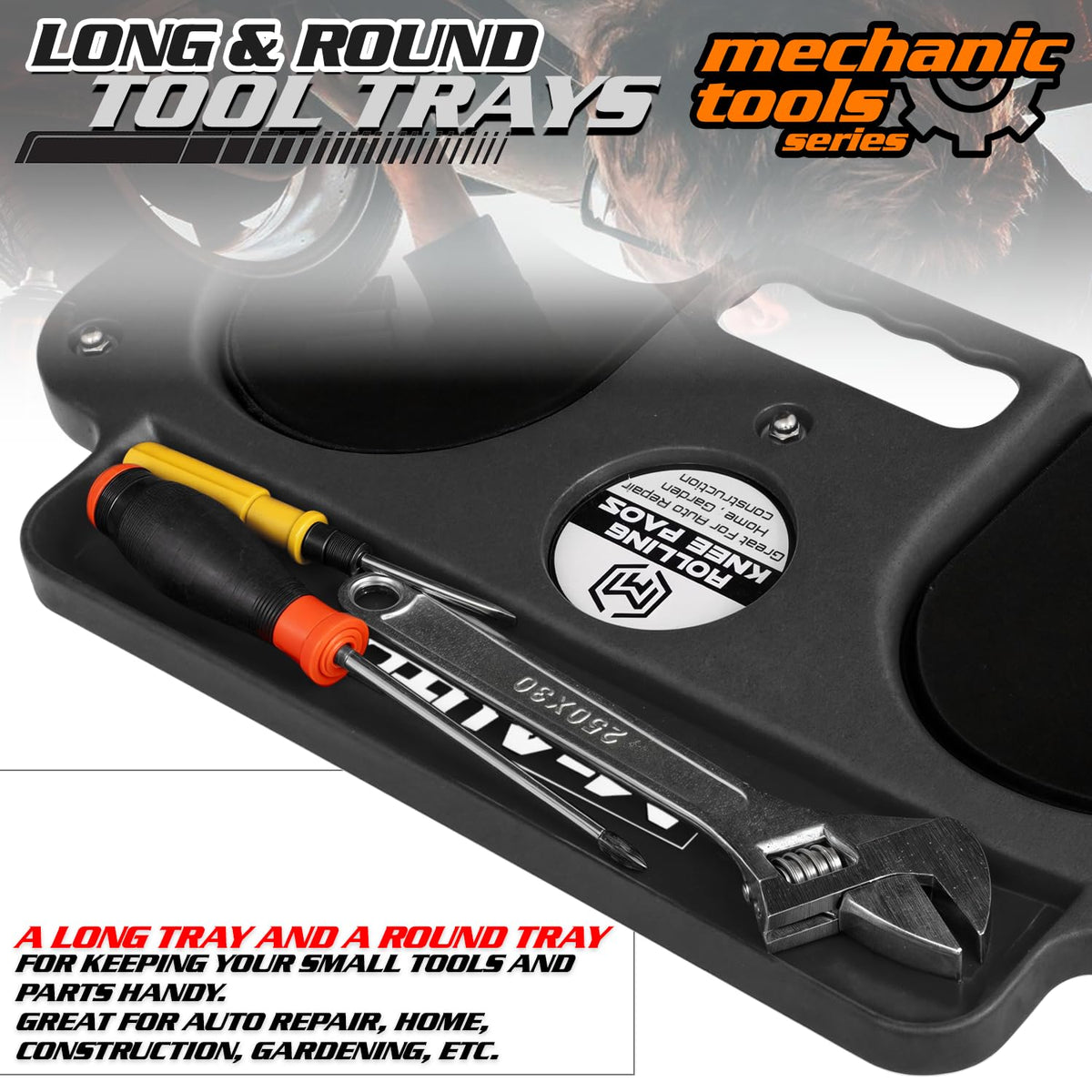 Rolling Knee Creeper Durable Knee Pads with Full 360 Degree Turn Casters and Tool Tray (Black)