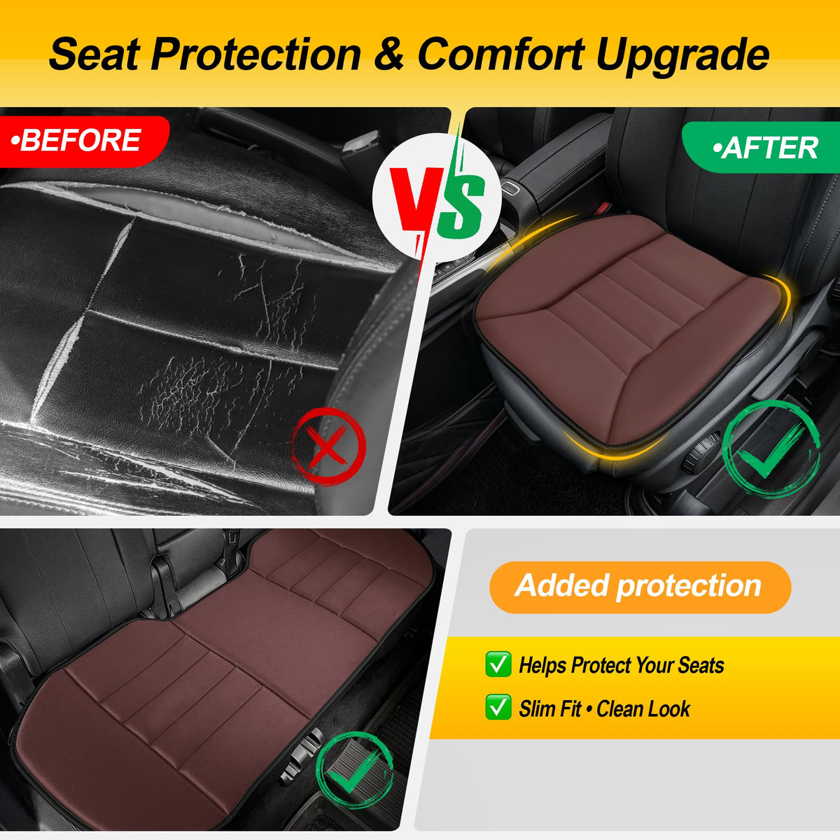 3 Piece Memory Foam Car Seat Cushion Set for Driving Comfort (Brown / Full Set (2 Front + 1 Rear Bench))