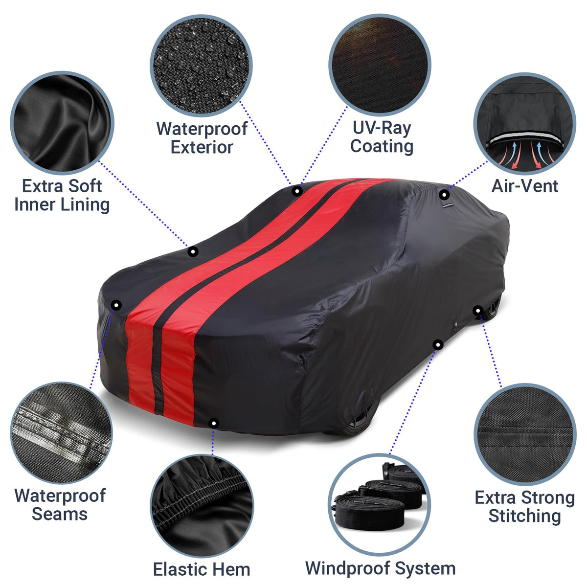 Car Cover Waterproof All Weather for 1969 (Black / Red (Stripe) / 93. Trans AM 1969-1973)