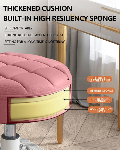 Small Chair Round Rolling Stool with Wheels PU Leather Height Adjustable Swivel Drafting Work SPA Salon Stools Home Office Chair (Pink / Pack of 2)