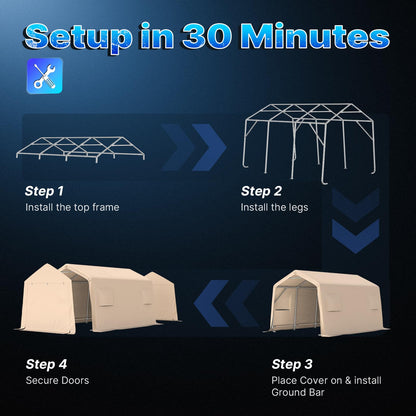 10X15 ft Garage Shelter Steel Metal Peak Roof Portable Storage Shed Carports for Motorcycle Boat (Beige / 10'x15')