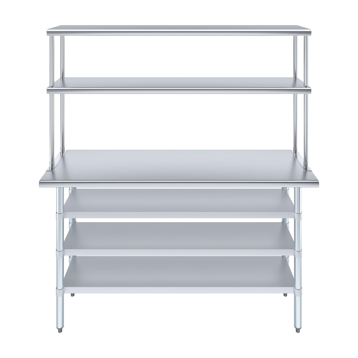 18" x 60" Stainless Steel Work Table with 3 Shelves and 12" Wide Double Tier Overshelf (18" x 60" Table with 3 Shelves + 12" Overshelf)
