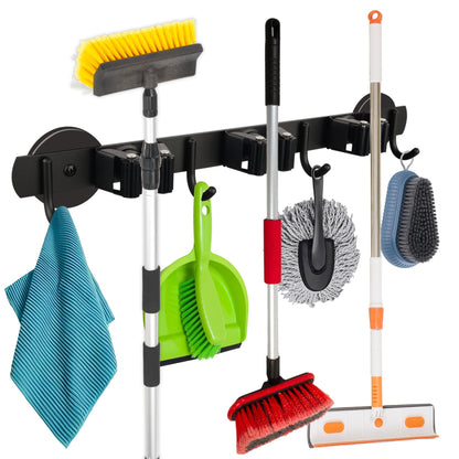 Heavy Duty Magnetic Broom Holder (Heavy Duty,Black,3 Hooks 4 Slots)