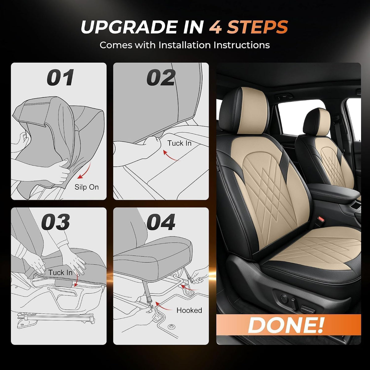2 Front Car Seat Covers for Toyota Prius C 2012 (#057 Black&Beige / 14. Prius C 2012-2016-2 Front Seat Covers Only)