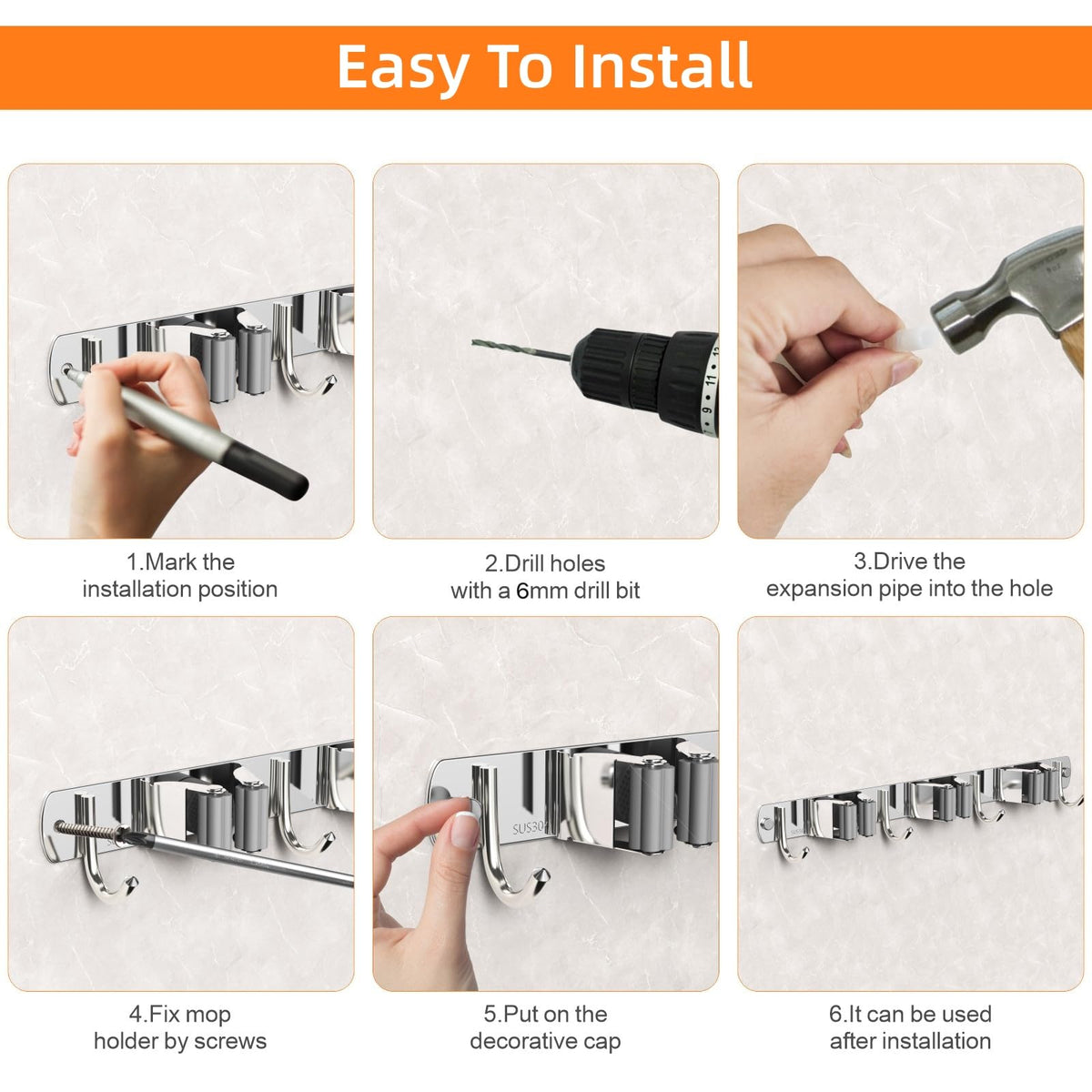 Mop and Broom Holder Wall Mount for Kitchen Garden Laundry Garage (Silver / 4 Racks with 5 Hooks)
