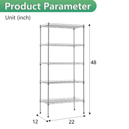 5 Tier Wire Shelf (Chrome / 22"D x 12"W x 48"H)