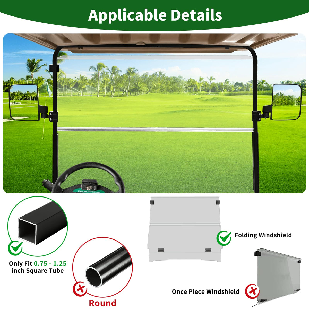 No Drilling Golf Cart Side Mirrors for EZGO Club Car Yamaha