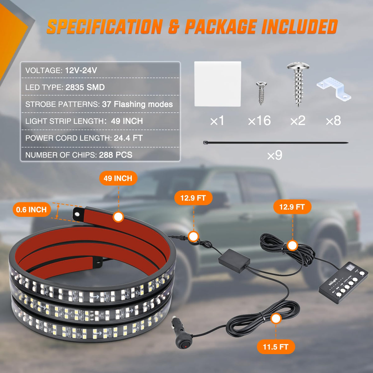 49 Inch Emergency Strobe Light Strips with Controller Red White (49" Tailgate Strobe w/ Controller Red White)