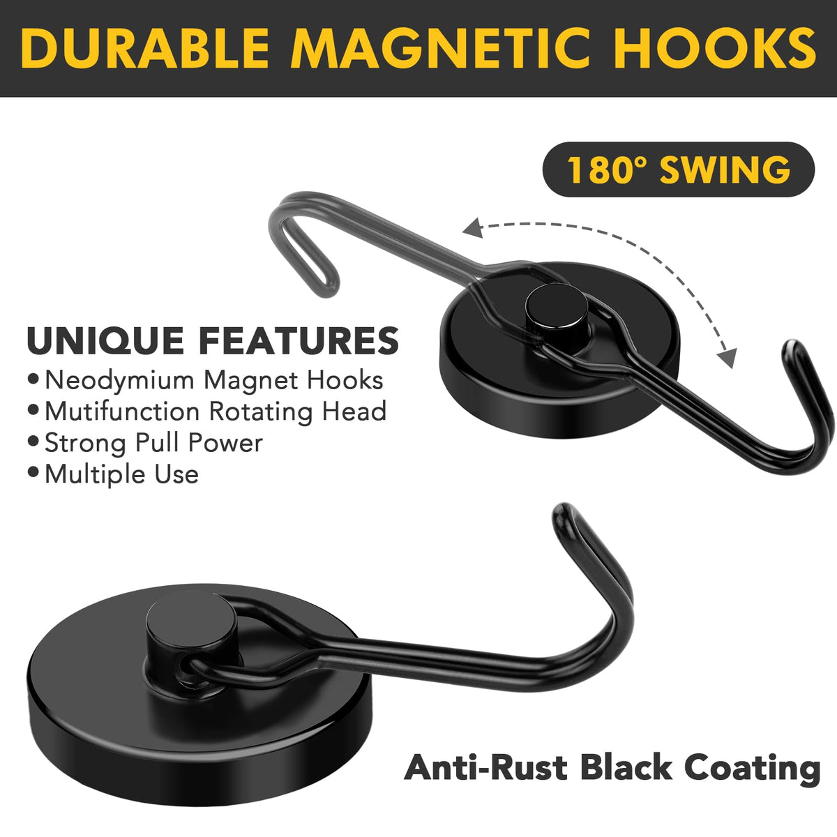 Black Magnetic Hooks Heavy Duty 120LB Swivel Strong Magnet Hook (Black / 1.26in)