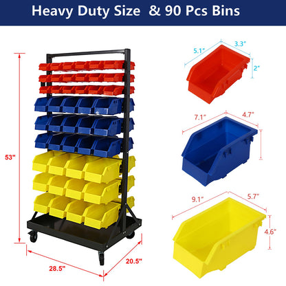 90 Parts Bin Rack Garage Storage Unit 9 Tiers System Steel Shelf with Portable Wheels (9 Tiers)