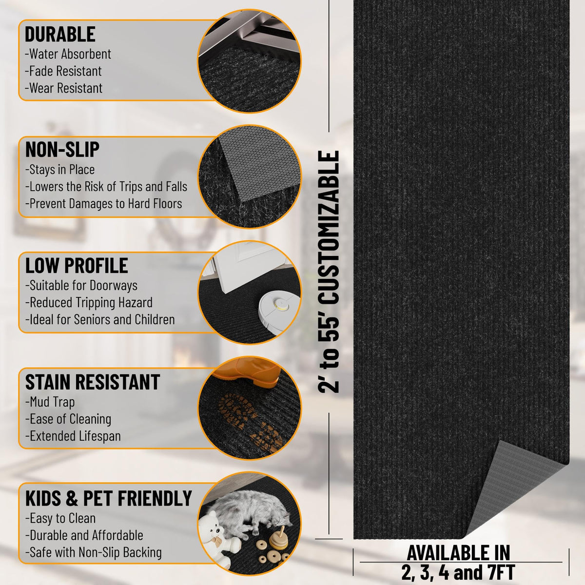 Ottomanso 7x52 Large Waterproof Floor Mat (Black / 6'6" x 52' (Runner))