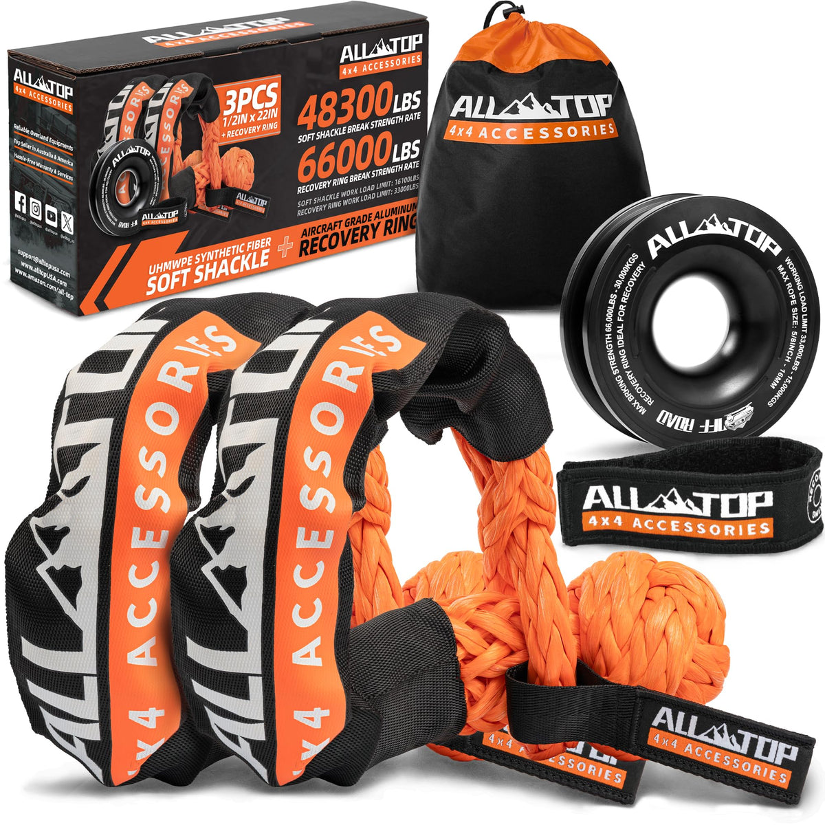 Synthetic Soft Shackle & Recovery Ring Kit (1/2" x 22" Shackles+ Black Ring)