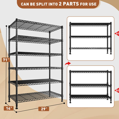 71" H 6 Tier Heavy Duty Wire Shelving (6 Tier-14"D x 29"W x 71"H)