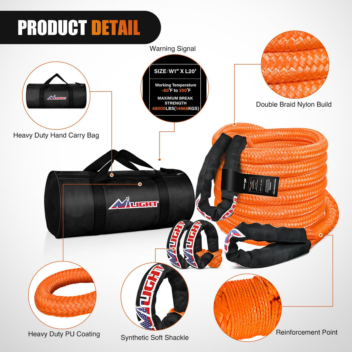 Kinetic Recovery Rope Kit with Soft Shackle Towing Strap (1Pc 1in x 20ft Kinetic Recovery Rope + 2Pcs Soft Shackles)