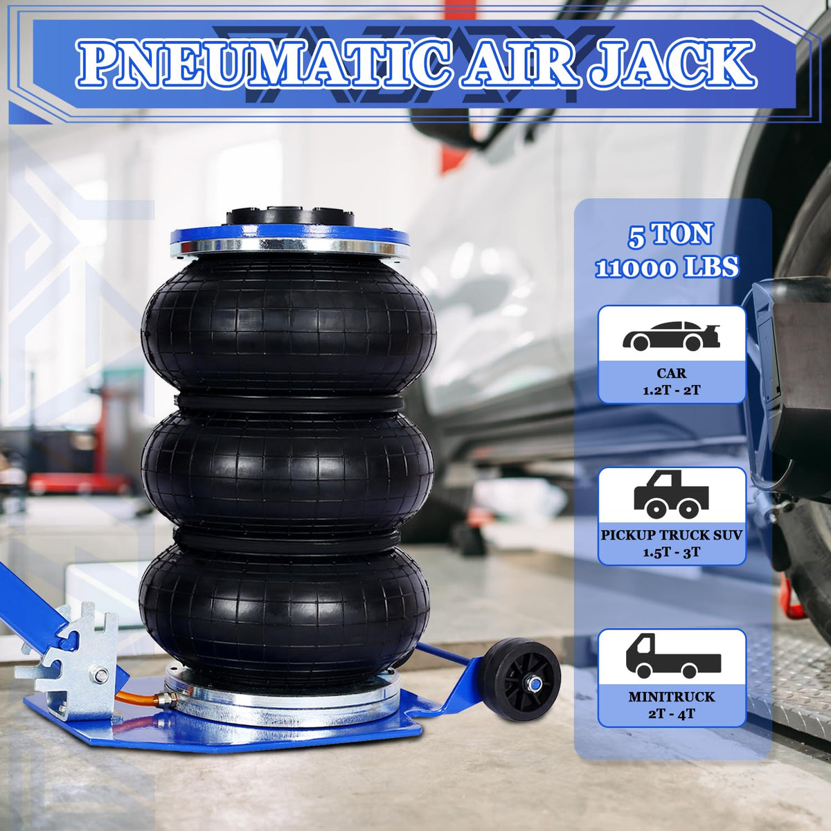 5T Triple Bag Air Jack 11000lbs Pneumatic Jack 3s Fast Lift Up 16in Airbag Jack with Adjustable Long Handle Heavy Duty Triple Air Bag Jack Lift for Cars Garage (5 Ton / blue)