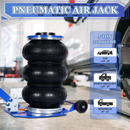 5T Triple Bag Air Jack 11000lbs Pneumatic Jack 3s Fast Lift Up 16in Airbag Jack with Adjustable Long Handle Heavy Duty Triple Air Bag Jack Lift for Cars Garage (5 Ton / blue)
