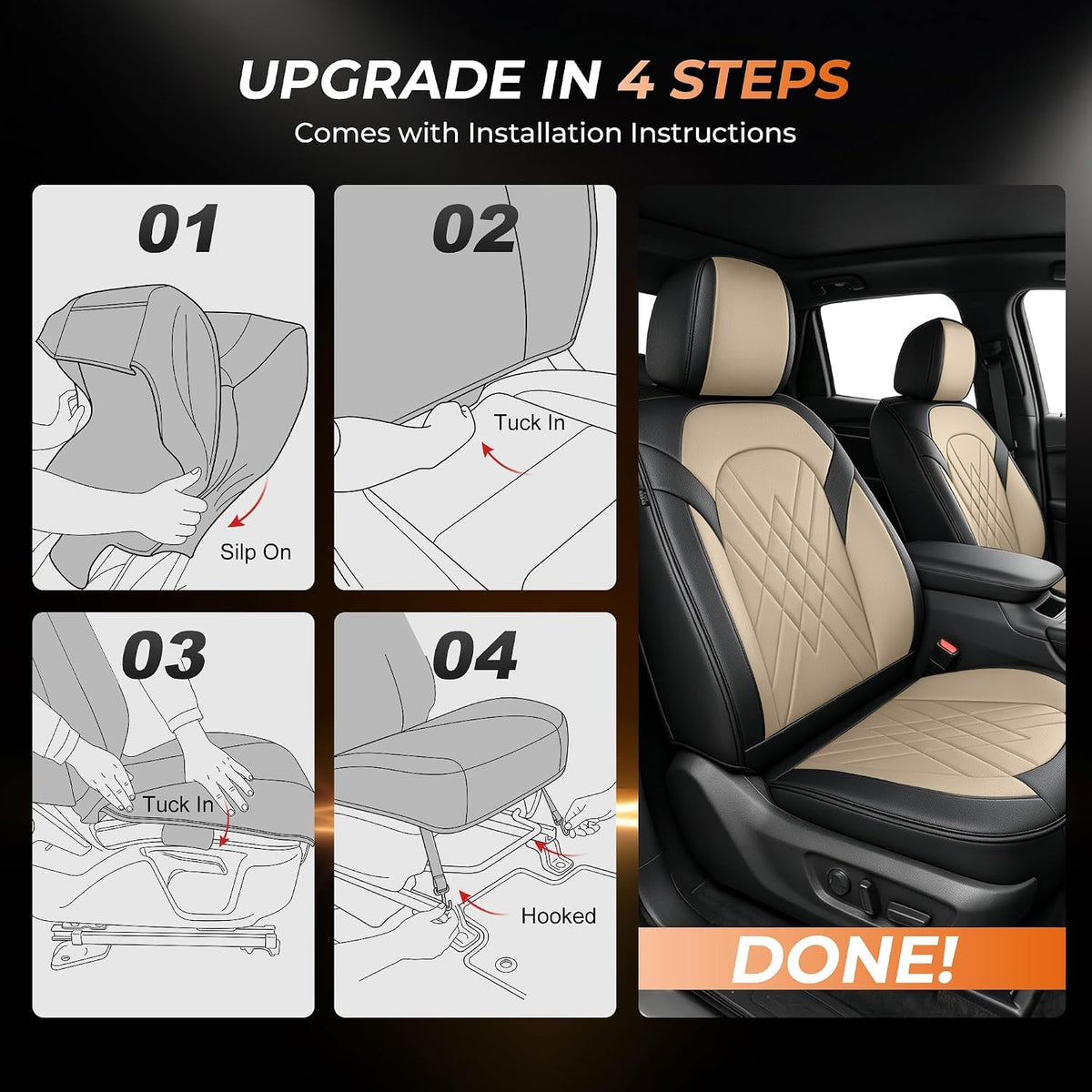 2 Front Car Seat Covers for Honda CRV CR (#057 Black&Beige / 3.CR-V 2023-2027-2 Front Seat Covers Custom Fit)