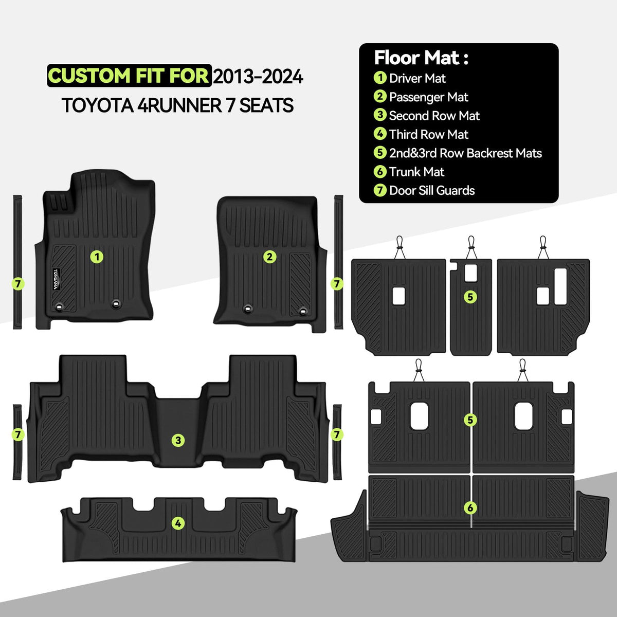 All Weather TPE Floor Mat Set for 2013 (18)for 4Runner 7 Seats|2013-2024)