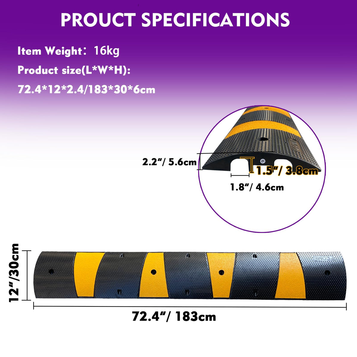 Rubber Speed Bump 6 Feet Rubber Driveway Modular Heavy Duty Speed 72.4 x 12 x 2.4 Inch Cable Protector Ramp for Garage Gravel Roads Asphalt Concrete (2 pack 6ft speed bump)
