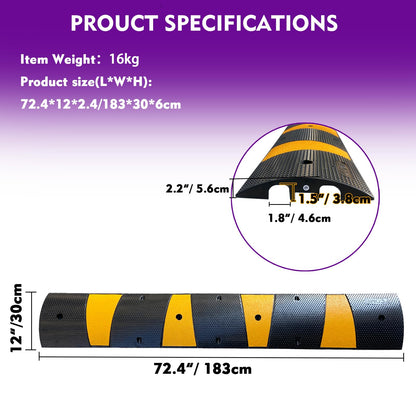 Rubber Speed Bump 6 Feet Rubber Driveway Modular Heavy Duty Speed 72.4 x 12 x 2.4 Inch Cable Protector Ramp for Garage Gravel Roads Asphalt Concrete (2 pack 6ft speed bump)