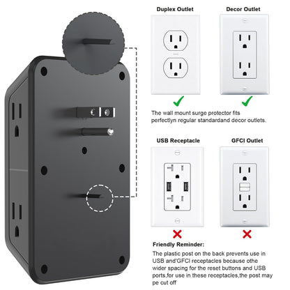 2 Pack Multi Plug Wall Outlet Extender Surge Protector 6 AC Outlet Splitter with 4 USB Ports (Black 2 Pack)