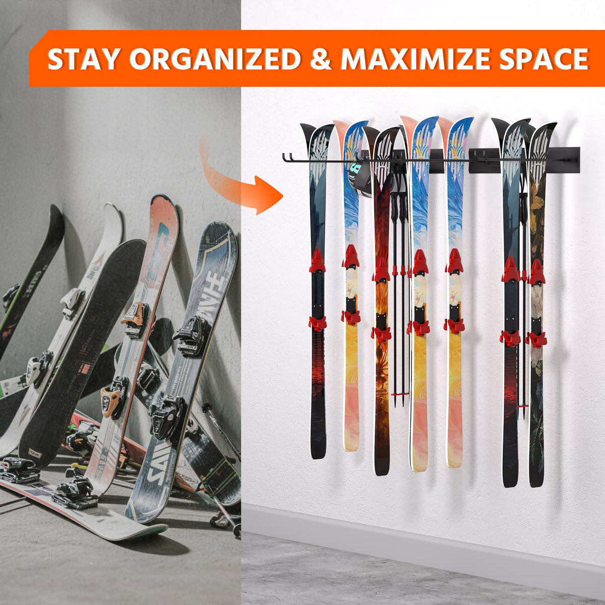 Ski Rack Wall Mounted Ski Storage Rack (4 Ski Hooks)