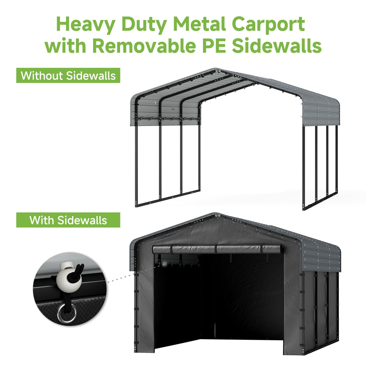 10x15 FT Heavy Duty Metal Carport with Removable Sidewalls (Gray / 10x15 With Enclosed)