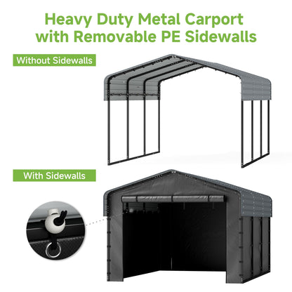 10x15 FT Heavy Duty Metal Carport with Removable Sidewalls (Gray / 10x15 With Enclosed)