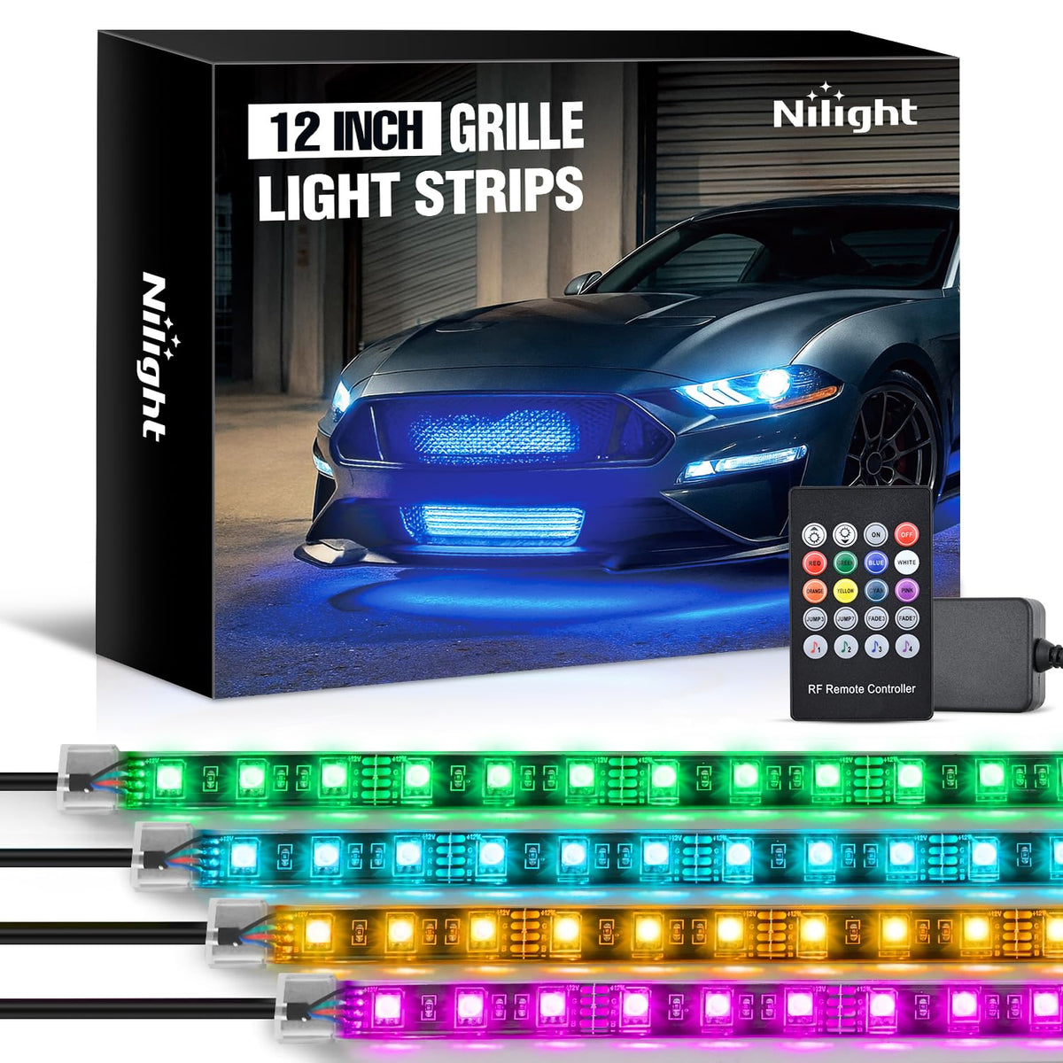 4PCS 12" RGB LED Grille Light Strips with Wireless Remote Control (4Pcs 12Inch Grille Light w/Remote)