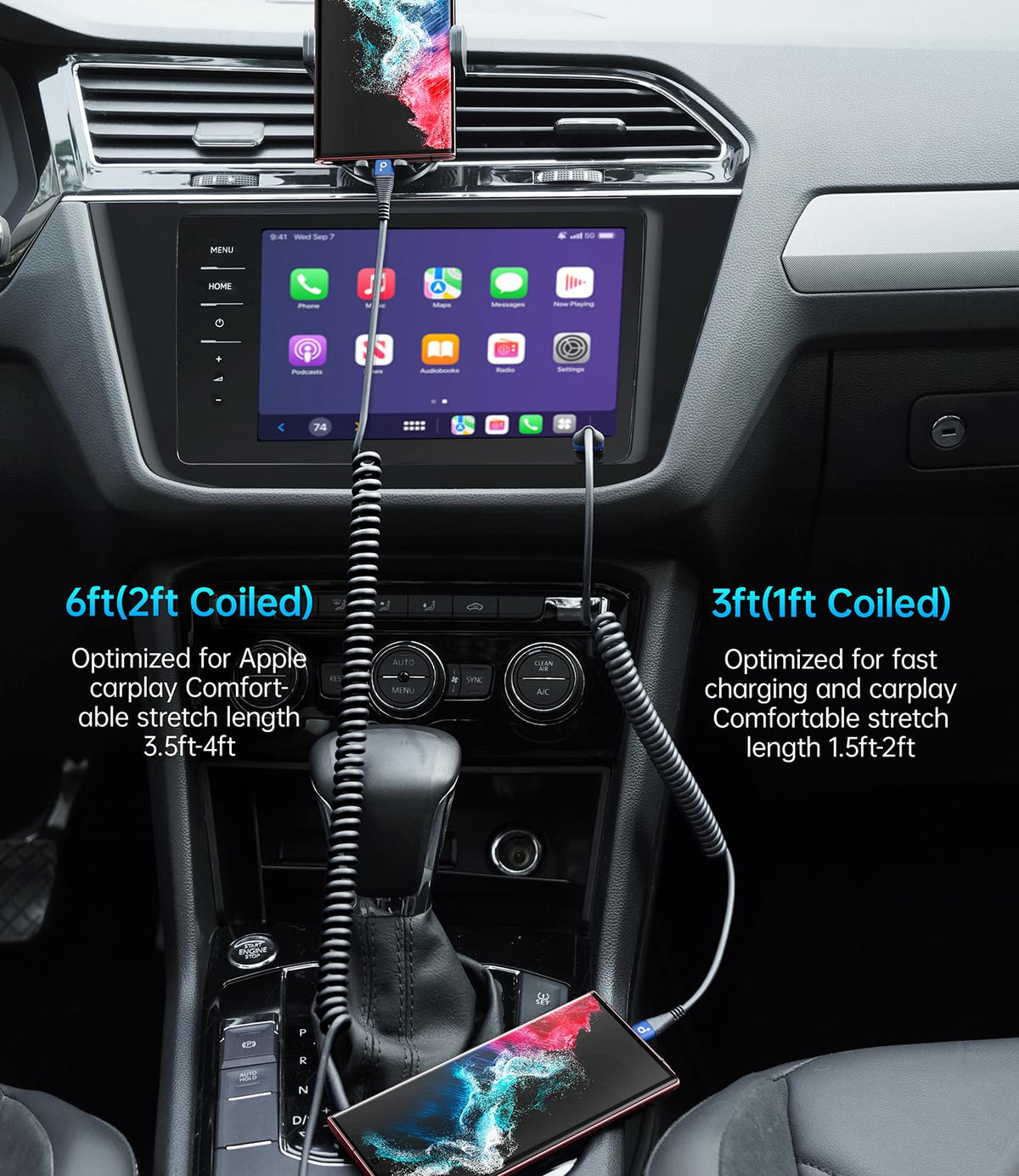 USB C Cable 3ft 2Pack Coiled USB A to USB C Charge Cord for Car (3FT / USB A to USB C / Blue)