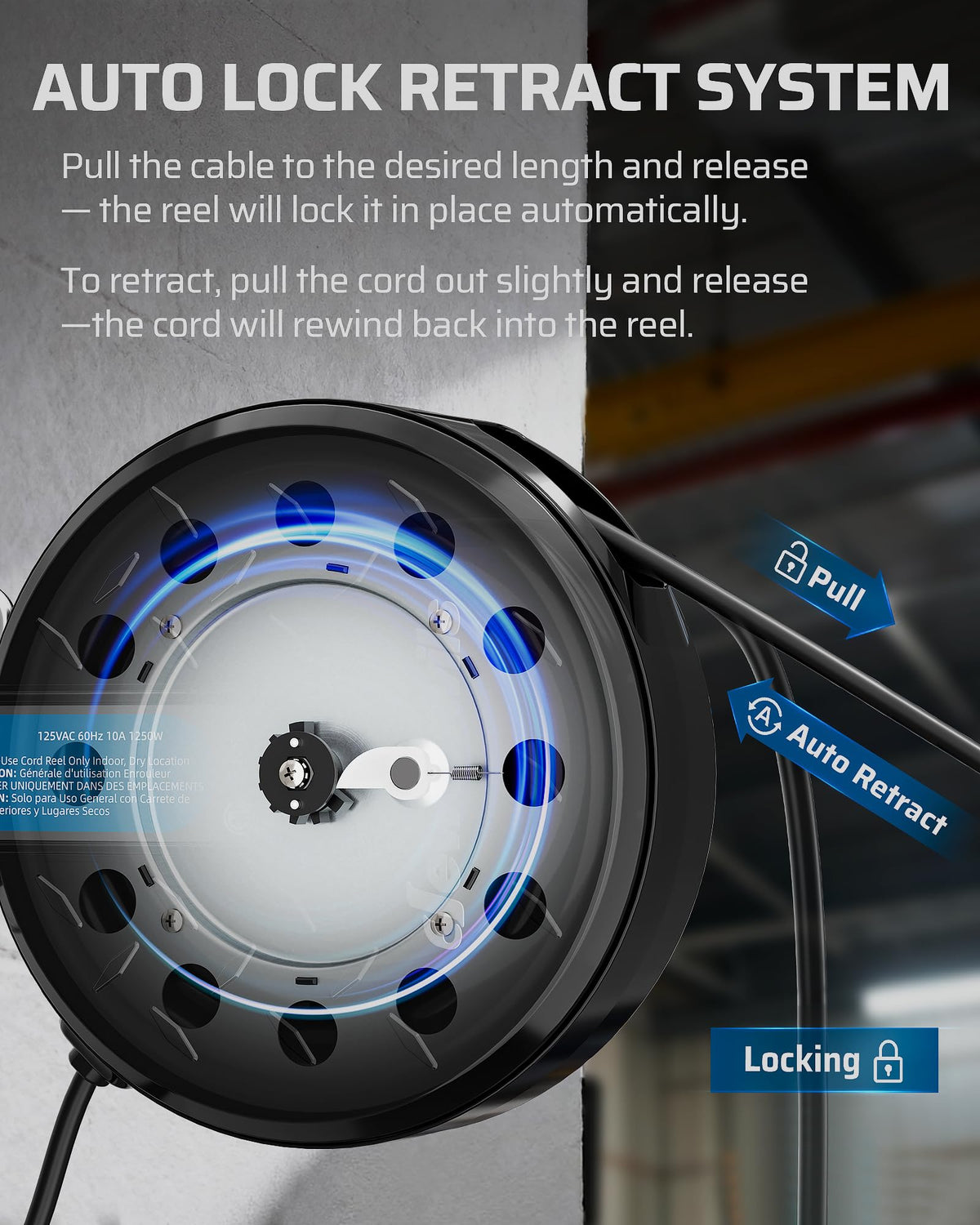 Ceiling Wall Mount Retractable Extension Cord Reel with 30FT Cord (Black / 16/3 SJTW Cord)