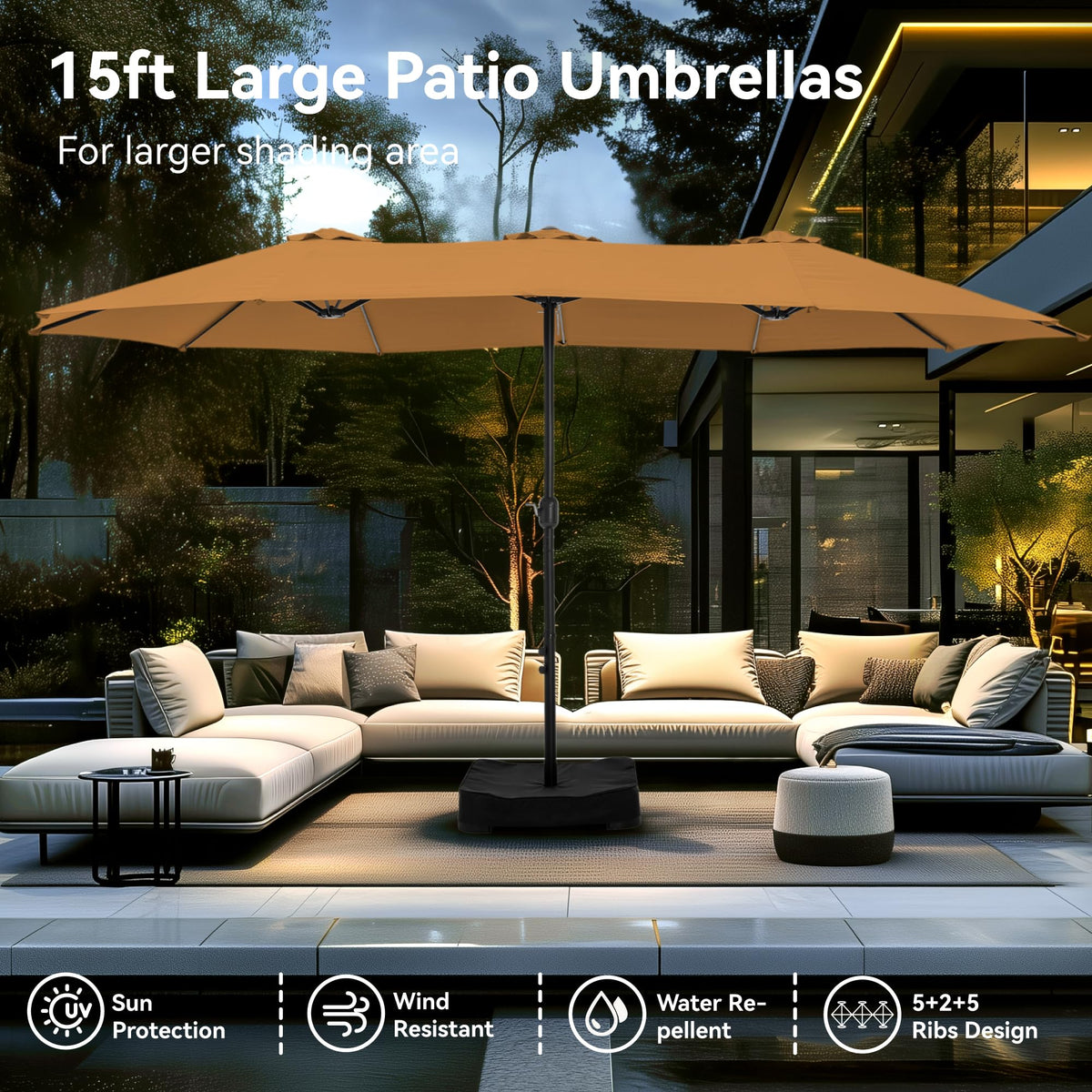 15ft Large Outdoor Patio Umbrella with Base Included (Tawny)